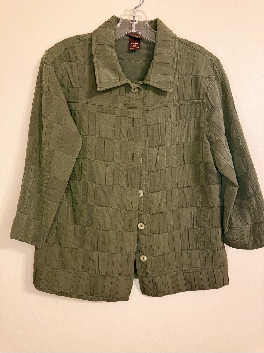 Multiples Olive Green Crinkle Button Up Jacket PM Petite